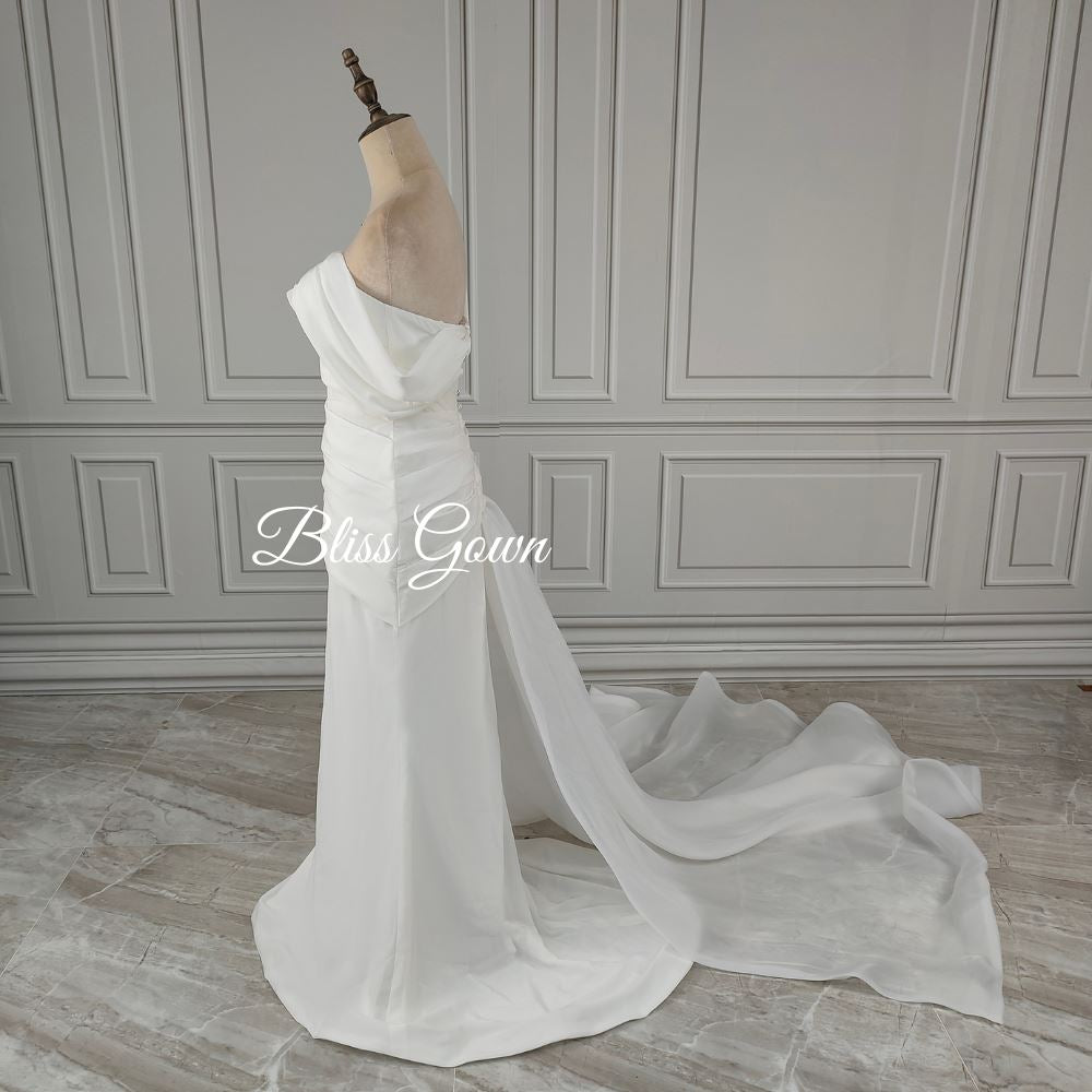 Sweep Train Ruched Off-Shoulder Modern Wedding Dress Classic Wedding Dresses BlissGown 