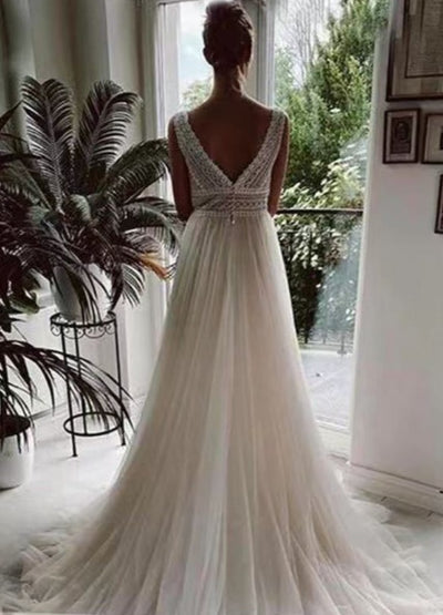 Sweetheart Illusion Top Long Sleeve Bridal Gown Boho Wedding Dresses BlissGown 