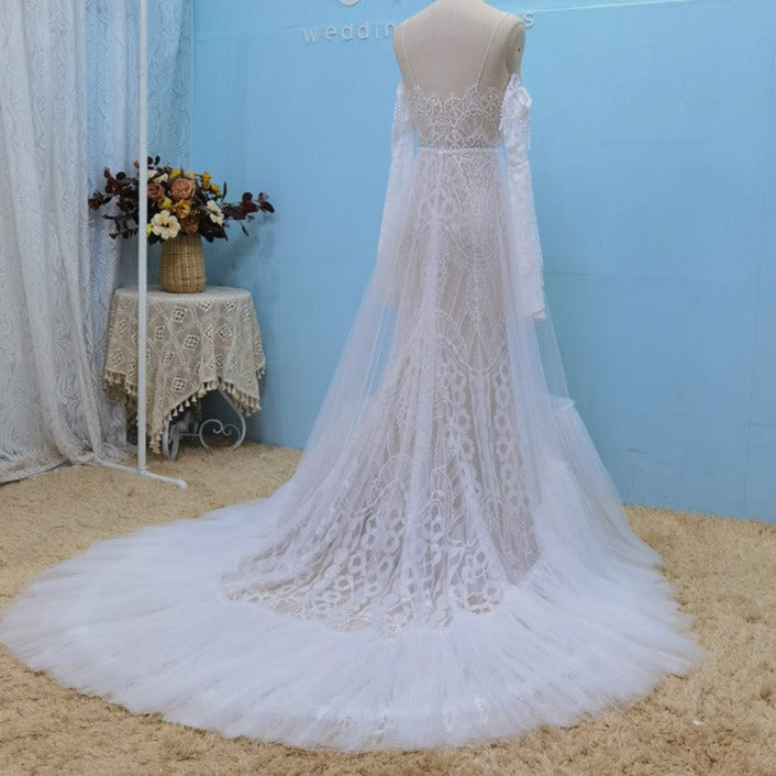 Tassel Flared Sleeves Spaghetti Straps Lace Beach Wedding Dress Beach Wedding Dresses BlissGown 