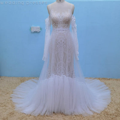 Tassel Flared Sleeves Spaghetti Straps Lace Beach Wedding Dress Beach Wedding Dresses BlissGown 