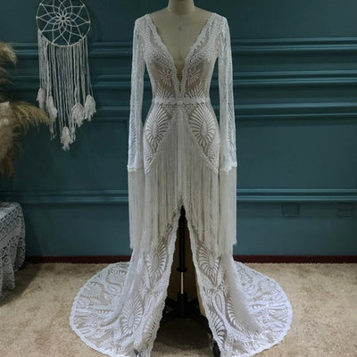 Tassel Lace Fringe Sleeves Bohemian Bridal Gown Boho Wedding Dresses BlissGown Nude underlay 2 
