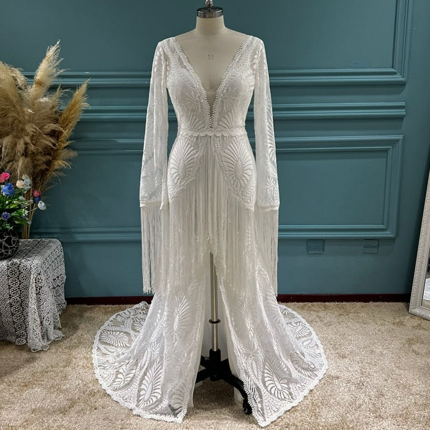 Tassel Lace Fringe Sleeves Bohemian Bridal Gown Boho Wedding Dresses BlissGown Pure Off white 2 