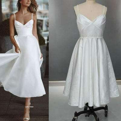 Tea Length Minimalist Satin with Pockets Buttons Bridal Gown Beach Wedding Dresses BlissGown 