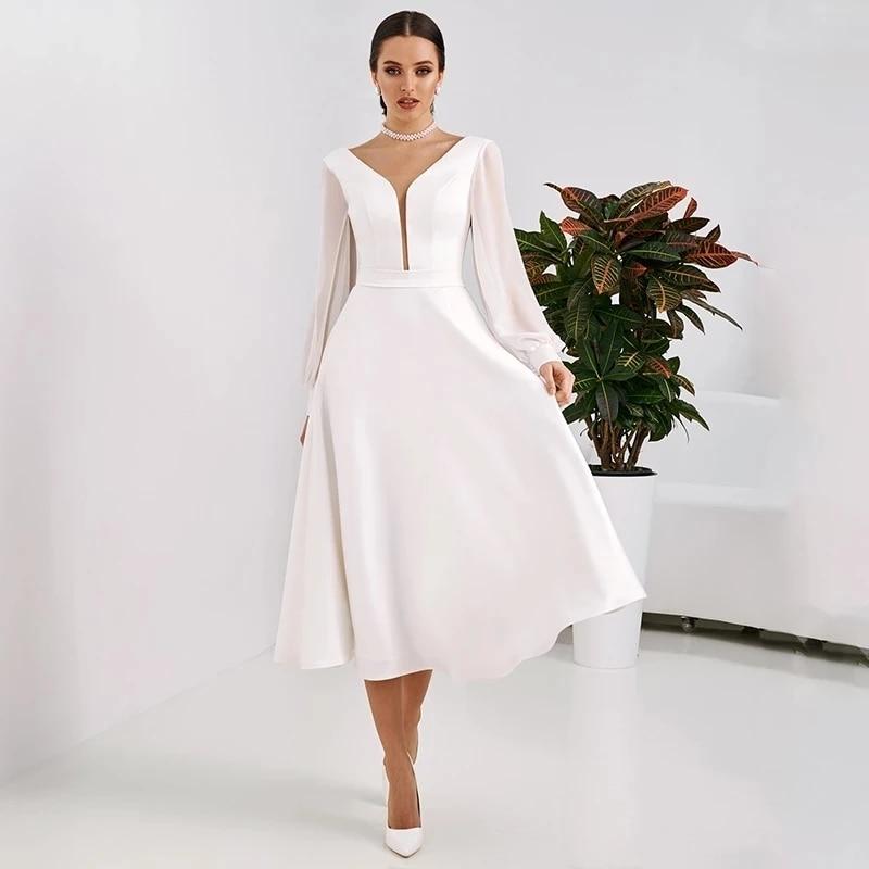 Tea Length Modest Sheer V-neck Corset Long Sleeve Wedding Dress Vintage Wedding Dresses BlissGown 