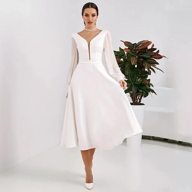 Tea Length Modest Sheer V-neck Corset Long Sleeve Wedding Dress Vintage Wedding Dresses BlissGown White 2 