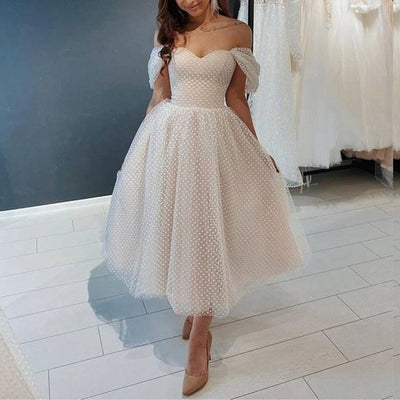Tea Length Polka Dotted Tulle Dropped Ruched Off Shoulder Bridal Gown Sexy Wedding Dresses BlissGown 