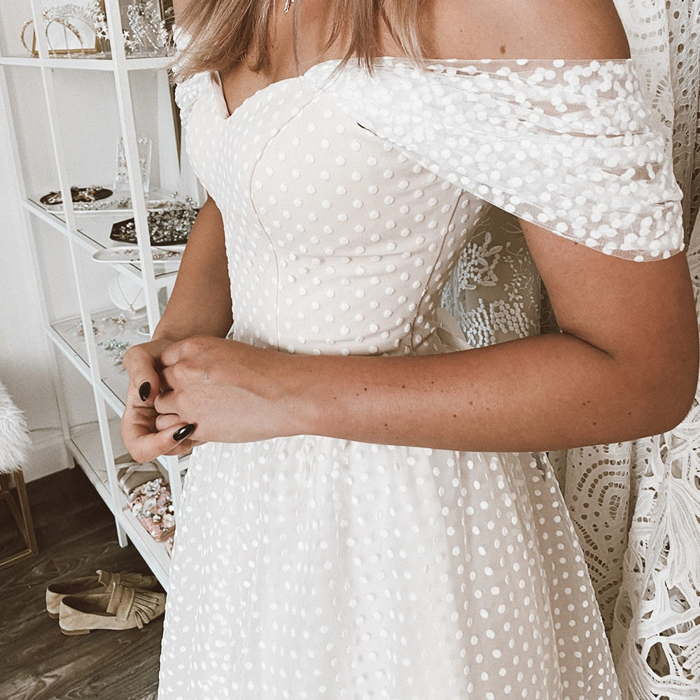 Tea Length Polka Dotted Tulle Dropped Ruched Off Shoulder Bridal Gown Sexy Wedding Dresses BlissGown 