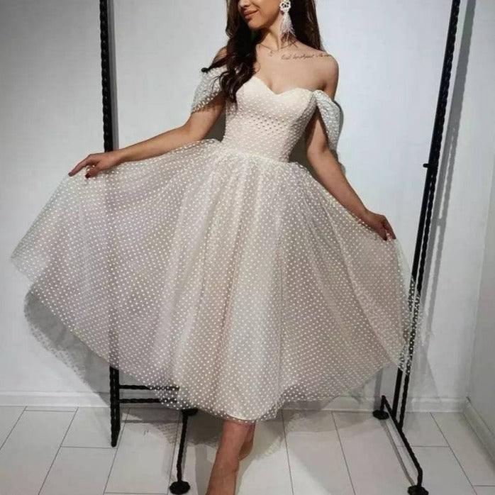 Tea Length Polka Dotted Tulle Dropped Ruched Off Shoulder Bridal Gown Sexy Wedding Dresses BlissGown Nude Tea Length 2 