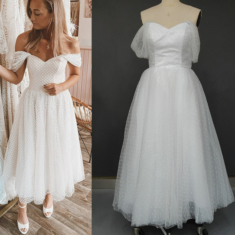 Tea Length Polka Dotted Tulle Dropped Ruched Off Shoulder Bridal Gown Sexy Wedding Dresses BlissGown White Tea Length 2 