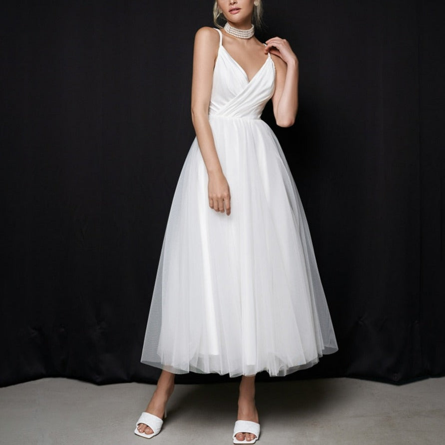 Tea Length Tulle Mini Beach Ivory Ruched Zipper Bridal Gown – BlissGown