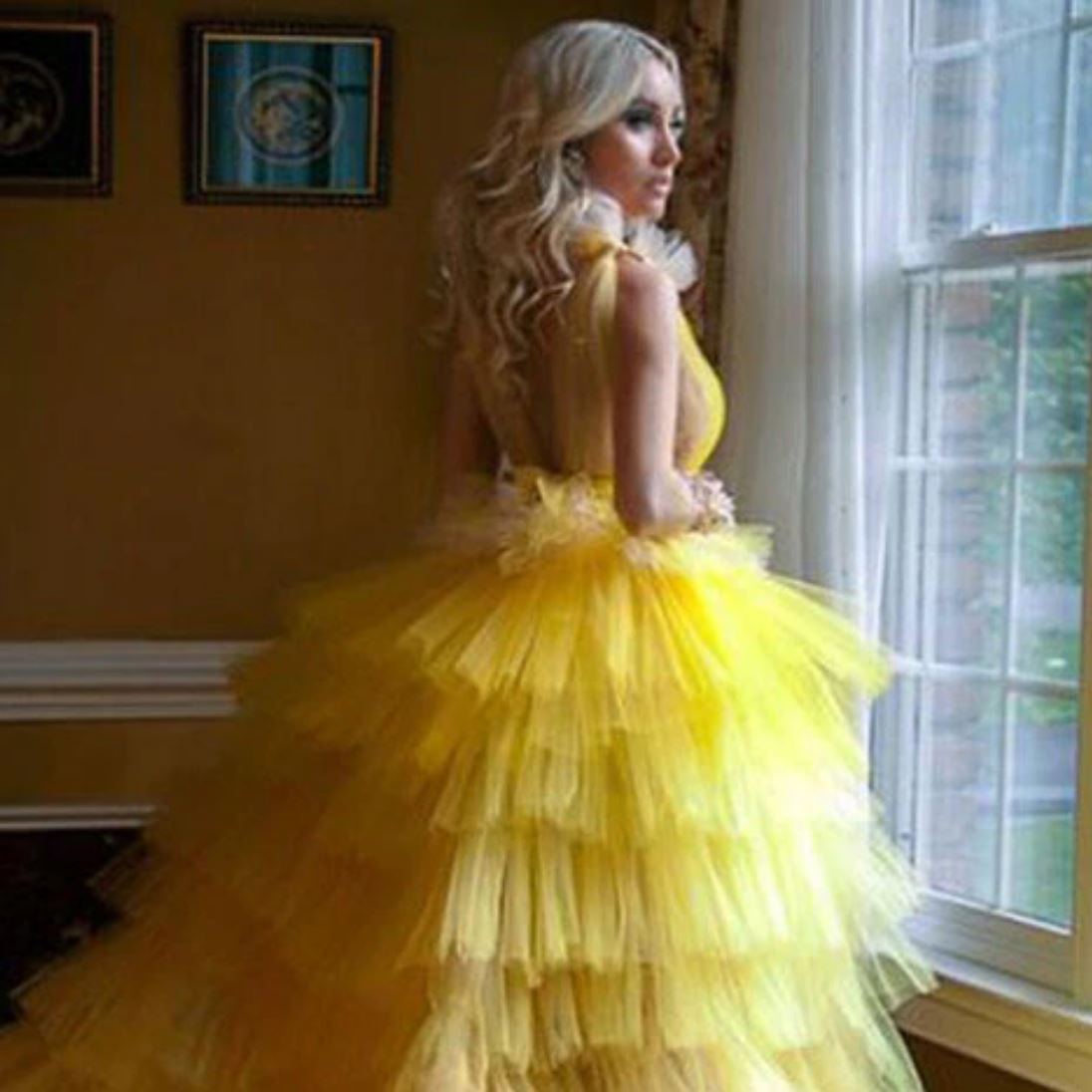 Tiered Puff Tulle Long Princess Prom Gown V-Neck Prom Dresses BlissGown 