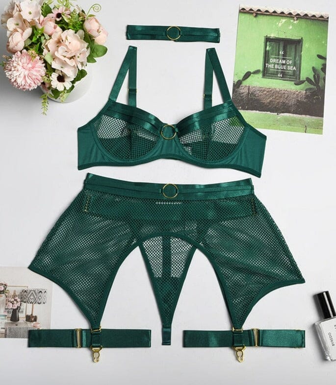 Transparent Bra Kit Push Up See Through Lace Lingerie Set Accessories BlissGown Hunter Green S 