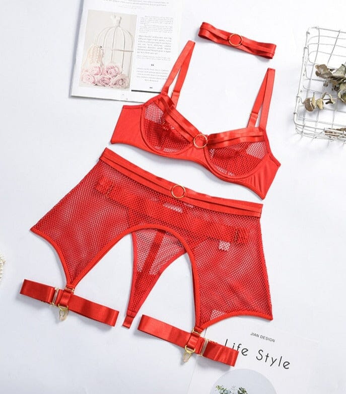 Transparent Bra Kit Push Up See Through Lace Lingerie Set Accessories BlissGown Red S 