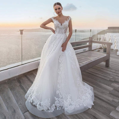 Tulle New A-Line Full Lace Appliques Bridal Gown Beach Wedding Dresses BlissGown 