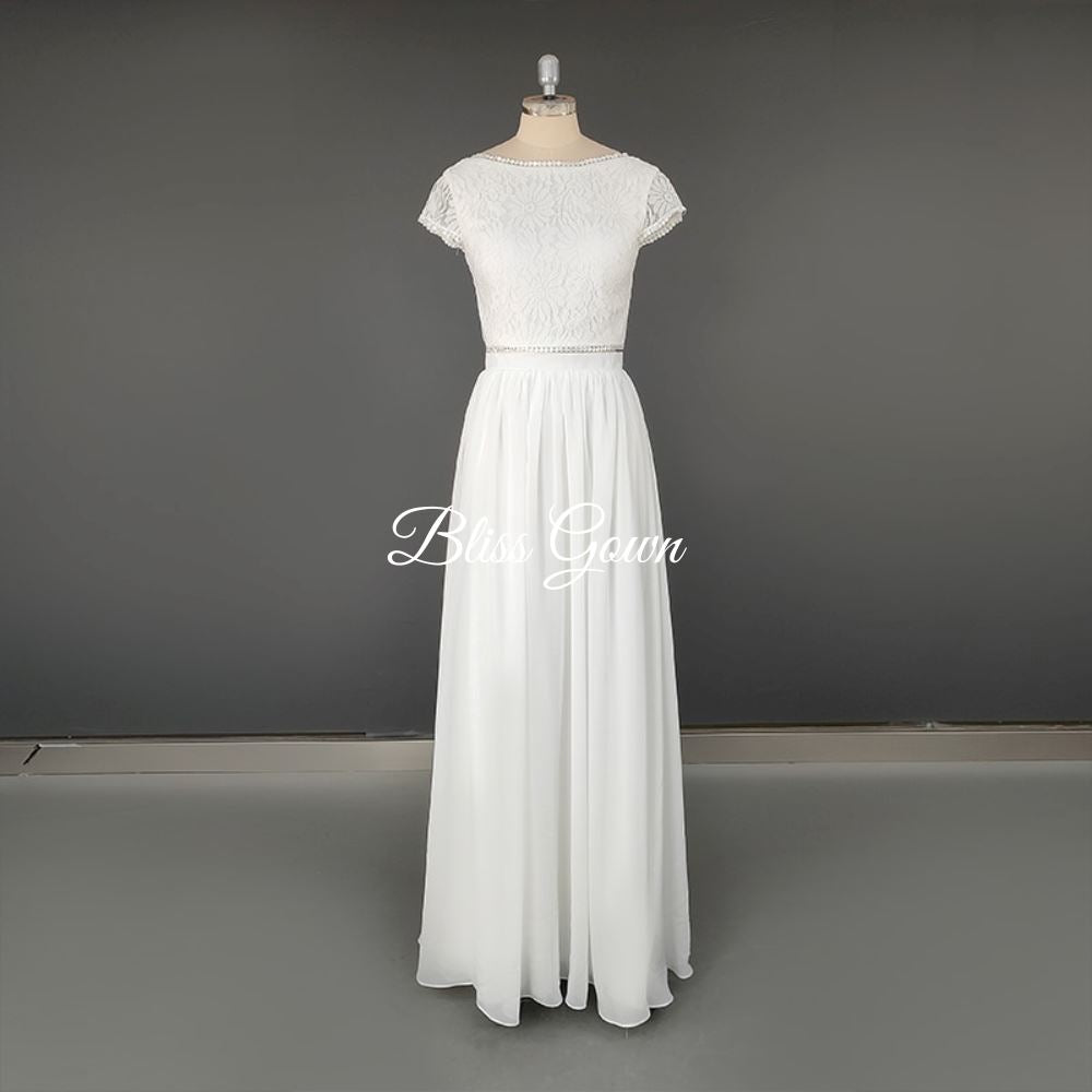 Two Piece Appliques Lace Soft Chiffon Wedding Dress Boho Wedding Dresses BlissGown 