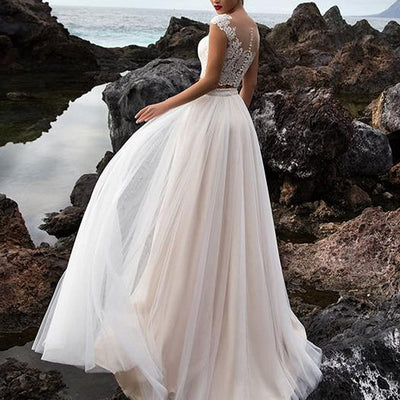 Two Piece Beach Tulle Long Lace Top Bridal Dress Beach Wedding Dresses BlissGown 