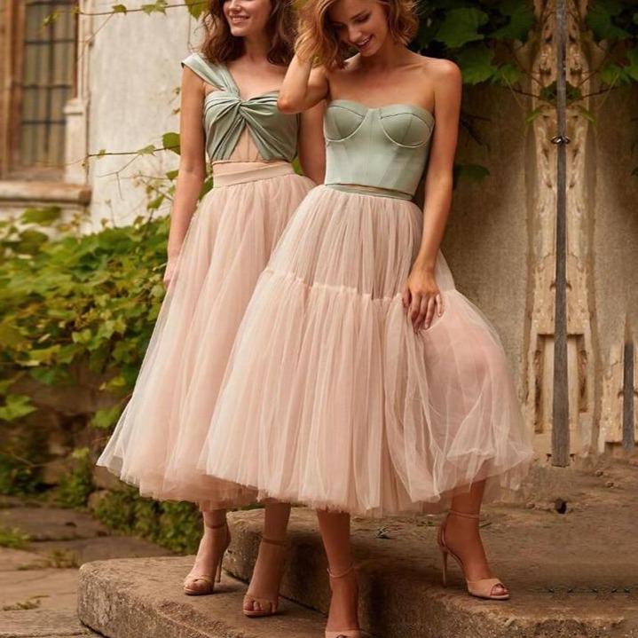 Two Pieces A-Line Tulle Tiered Mid Length Prom Dress Sexy Prom Dresses BlissGown 
