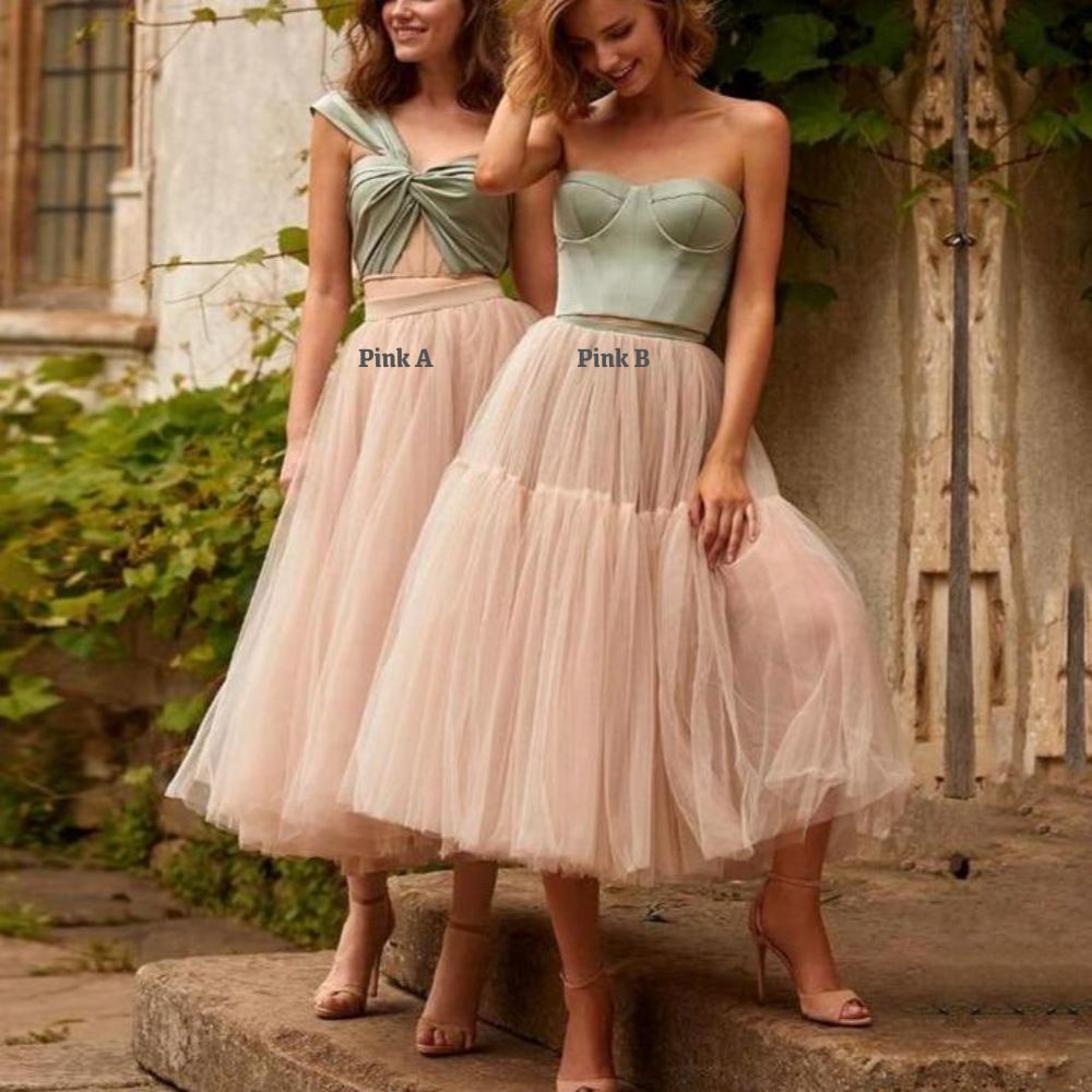 Two Pieces A-Line Tulle Tiered Mid Length Prom Dress Sexy Prom Dresses BlissGown 
