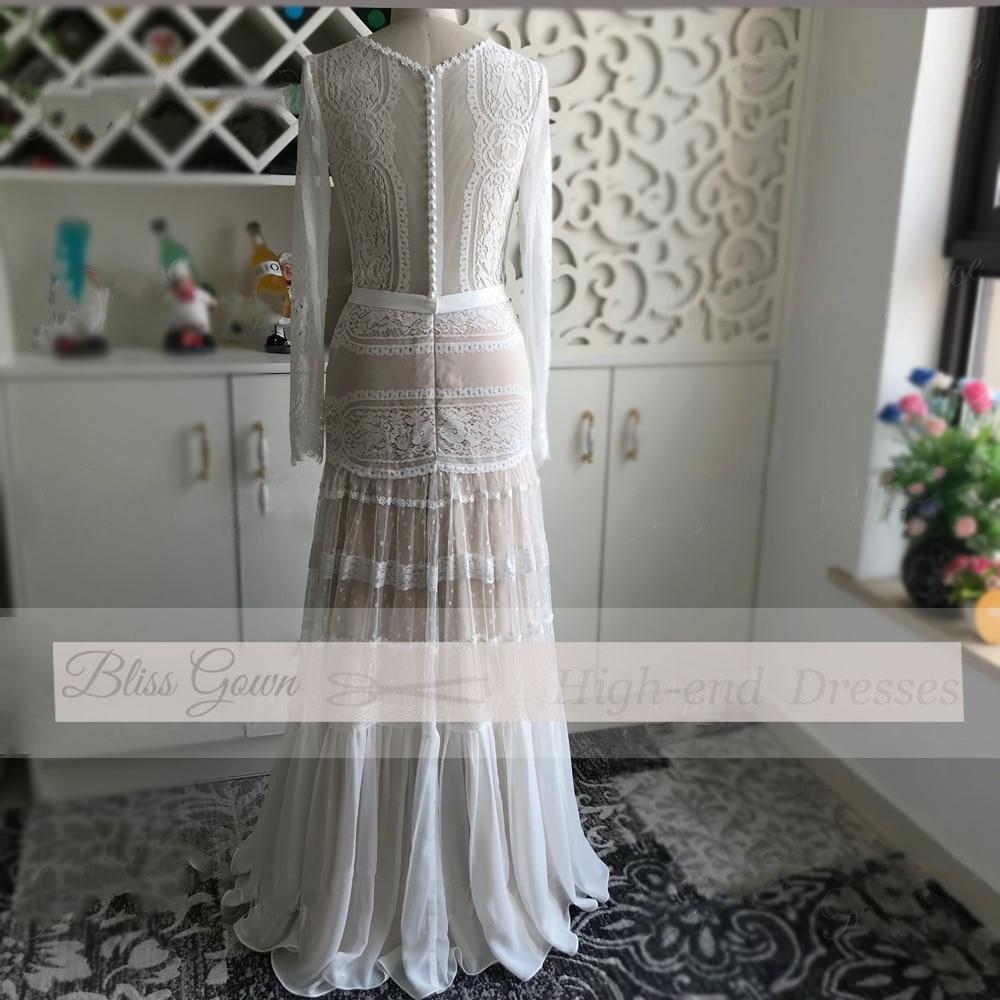 Unique Lace Bohemian Polka Dots long Sleeve Wedding Dress Boho Wedding Dresses BlissGown 
