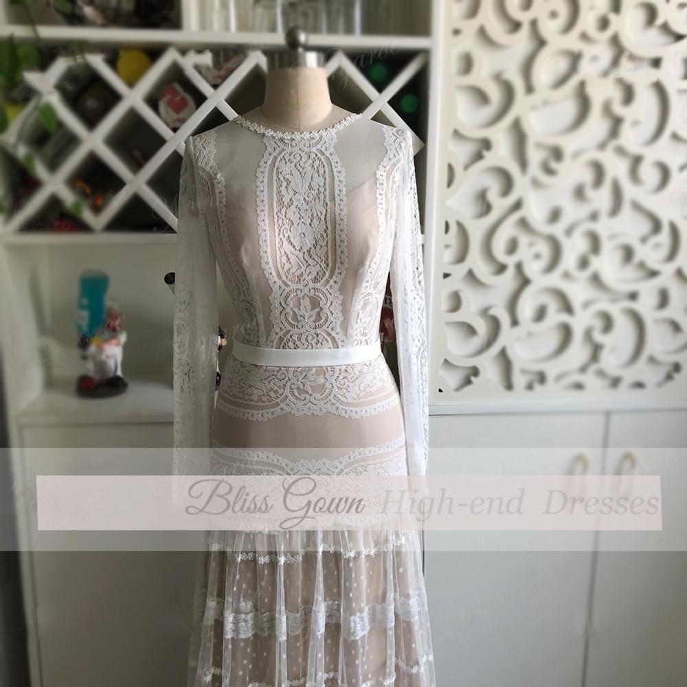 Unique Lace Bohemian Polka Dots long Sleeve Wedding Dress Boho Wedding Dresses BlissGown 