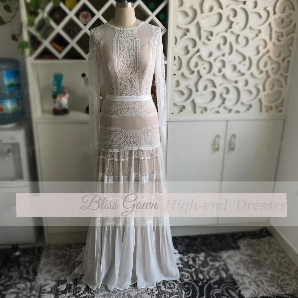 Unique Lace Bohemian Polka Dots long Sleeve Wedding Dress Boho Wedding Dresses BlissGown Off white with nude 2 Floor Length