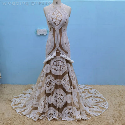 Unique Lace Sexy Open Back Mermaid Boho Wedding Dress Beach Wedding Dresses BlissGown 