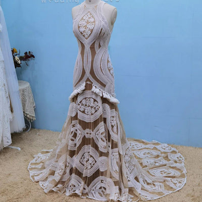 Unique Lace Sexy Open Back Mermaid Boho Wedding Dress Beach Wedding Dresses BlissGown 