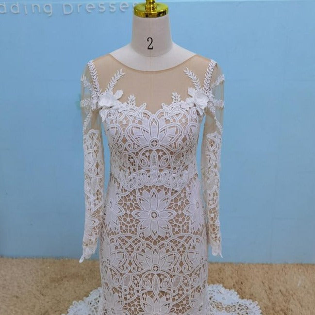 Unique Long Sleeve Crochet Lace Boho Mermaid Wedding Dress Boho Wedding Dresses BlissGown 