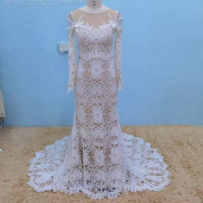 Unique Long Sleeve Crochet Lace Boho Mermaid Wedding Dress Boho Wedding Dresses BlissGown 