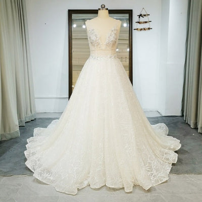 V Neck A-Line Backless Court Train Lace Tulle Wedding Dress Vintage Wedding Dresses BlissGown 