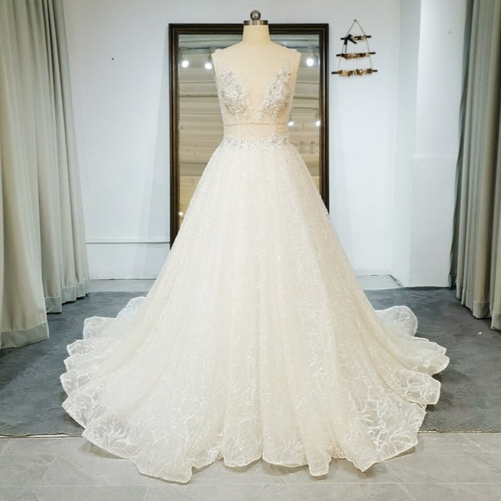 V Neck A-Line Backless Court Train Lace Tulle Wedding Dress
