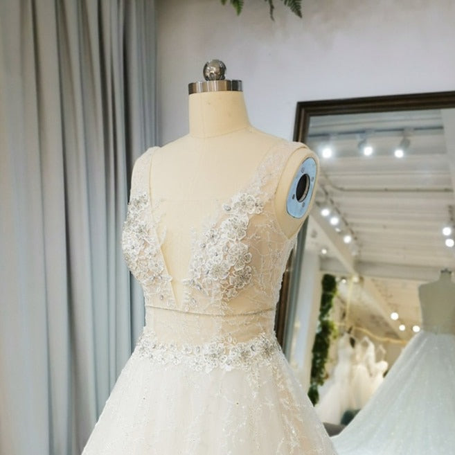 V Neck A-Line Backless Court Train Lace Tulle Wedding Dress Vintage Wedding Dresses BlissGown 