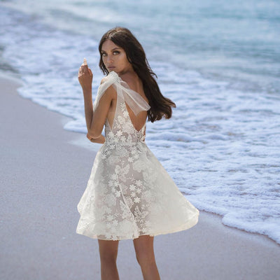 V Neck A Line Lace Short Beach Wedding Dress Beach Wedding Dresses BlissGown 