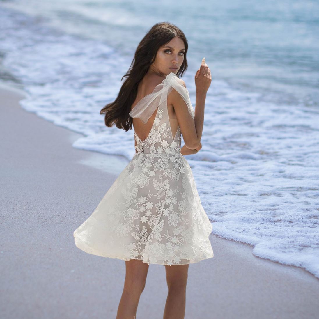V Neck A Line Lace Short Beach Wedding Dress Beach Wedding Dresses BlissGown 