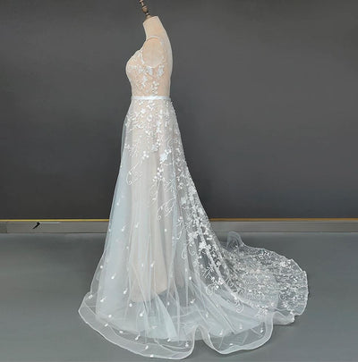 V-Neck Backless Boho Lace Applique Wedding Dress Boho Wedding Dresses BlissGown 