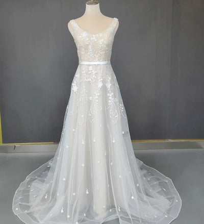 V-Neck Backless Boho Lace Applique Wedding Dress Boho Wedding Dresses BlissGown Sleeveless 16 