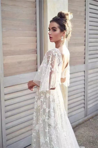 V-Neck Backless Half Sleeve Boho Lace Applique Wedding Dress Classic Wedding Dresses BlissGown 