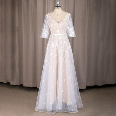 V-Neck Backless Half Sleeve Boho Lace Applique Wedding Dress Classic Wedding Dresses BlissGown Champagne 12 