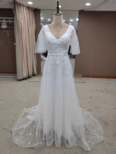 V-Neck Backless Half Sleeve Boho Lace Applique Wedding Dress Classic Wedding Dresses BlissGown White Custom Size 