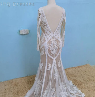 V Neck Backless Lace Long Sleeve Vintage Wedding Dress Boho Wedding Dresses BlissGown 