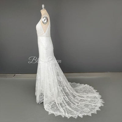 V Neck Backless Romantic Mermaid Wedding Dress Romantic Wedding Dresses BlissGown 