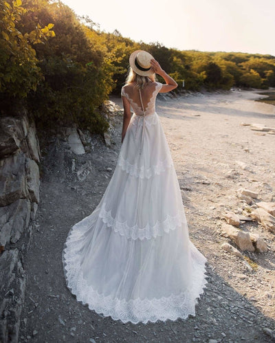 V-Neck Bohemian Illusion Back A Line Wedding Dresses with Belt Boho Wedding Dresses BlissGown 