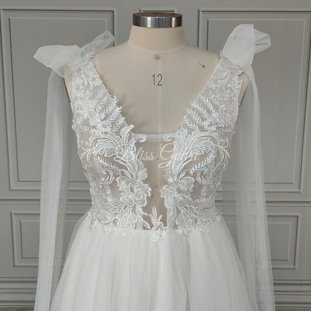V-neck Low Back A-Line Appliques Lace Wedding Dress Boho Wedding Dresses BlissGown 