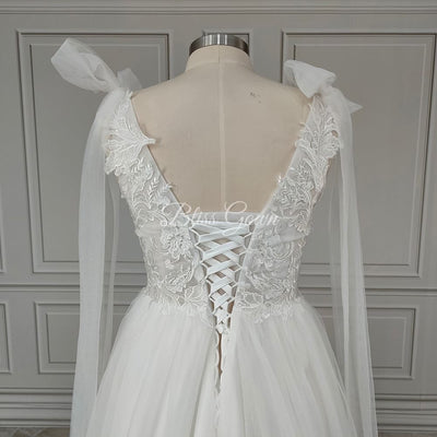 V-neck Low Back A-Line Appliques Lace Wedding Dress Boho Wedding Dresses BlissGown 