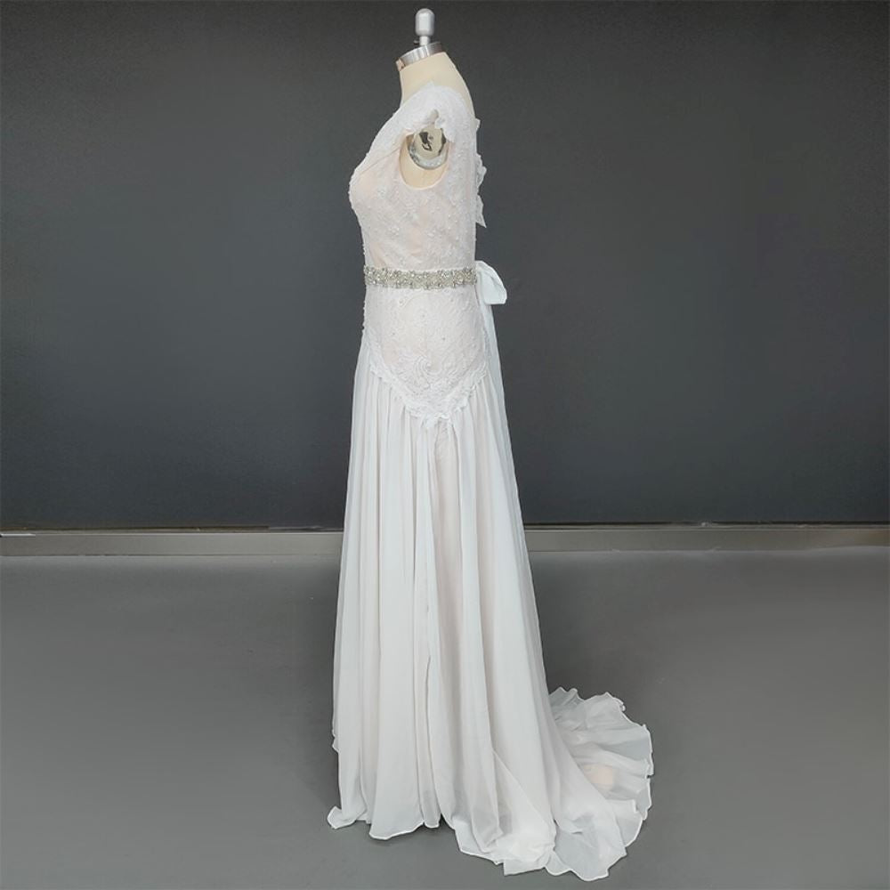 V Neck Open Back Pleated Skirt Bridal Gown Boho Wedding Dresses BlissGown 