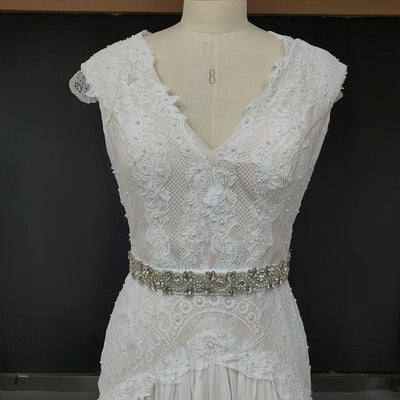 V Neck Open Back Pleated Skirt Bridal Gown Boho Wedding Dresses BlissGown 