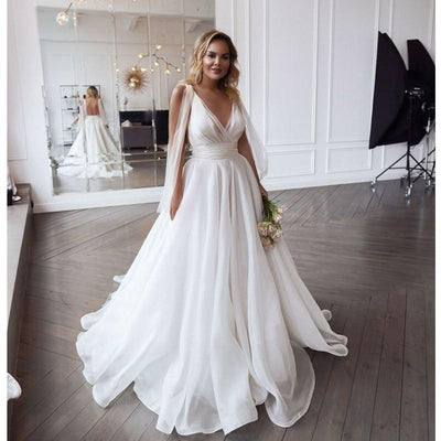 V-Neck Pleats Organza backless Floor-length A-Line Wedding Dress Beach Wedding Dresses BlissGown 