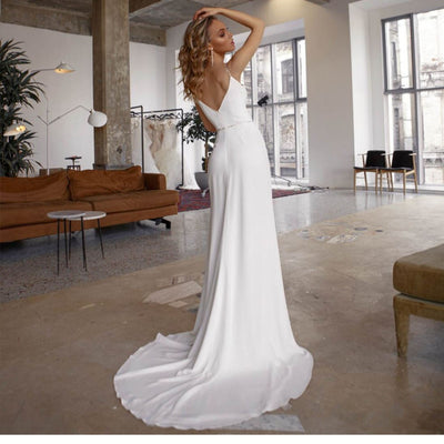 V-Neck Soft Satin Beach Princess Bridal Gown Beach Wedding Dresses BlissGown 