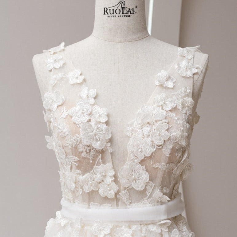Vintage A Line 3D Flower Elegant Belt Tulle Wedding Dress Vintage Wedding Dresses BlissGown 