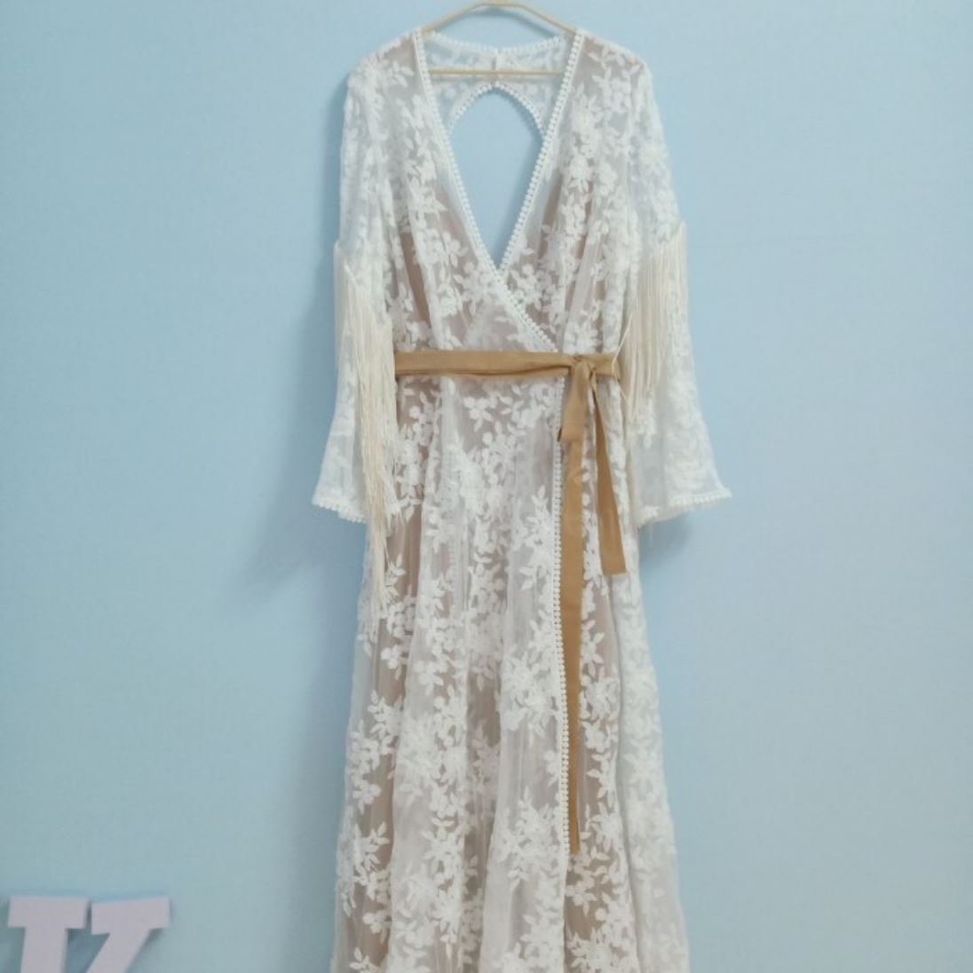 Vintage Bohemian Tassel Long Sleeve Openback Wedding Dress Boho Wedding Dresses BlissGown 
